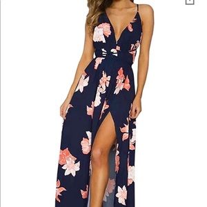 Deep V Neck Backless Floral Print Split Maxi Dress
